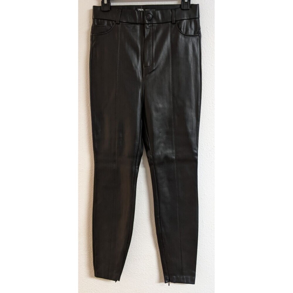 ZARA Women's Black Faux Leather Straight Skinny Zip Fly Pants M EXCELLENT!!